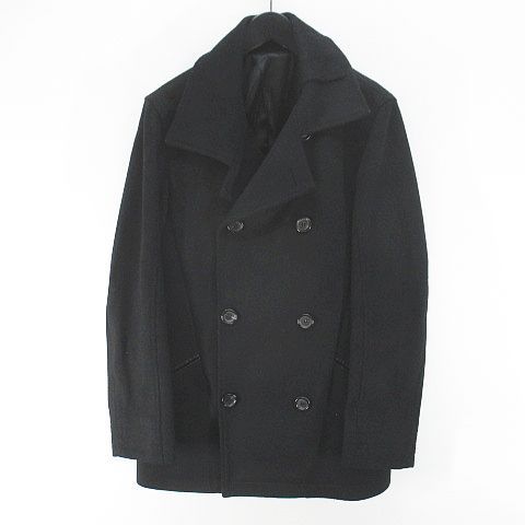 ジュリアーノフジワラ ピーコート 46 黒系 ブラック イタリア製 毛 ウール 裏地 無地