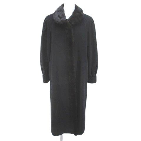 パリエンヌ PARIENNE コート ミンク ファー 毛皮 比翼 カシミヤ 7 黒系 ブラック ボタン ポケット 毛 ウール 裏地 無地