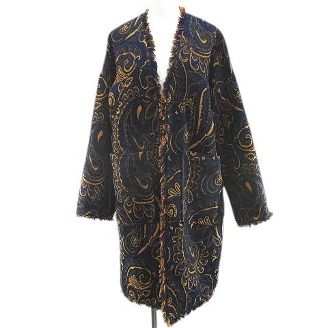 ラディエイト RADIATE ペイズリー柄 ノー コート ロング丈 F 青系 ブルー フリンジ ホック 裏地