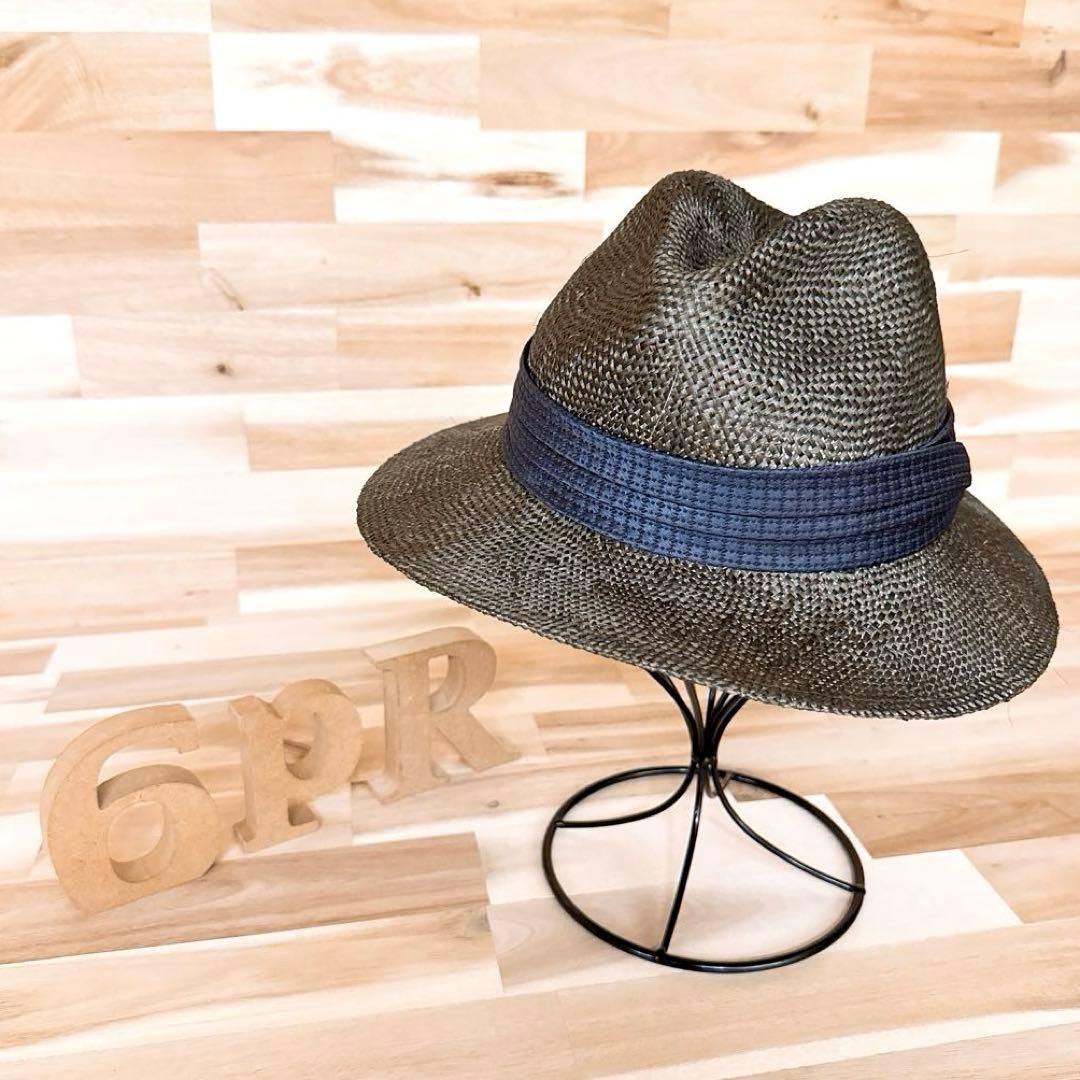 オシャレ カシラ 天然草 中折れ ストローハット 麦わら帽子 カーキ×紺