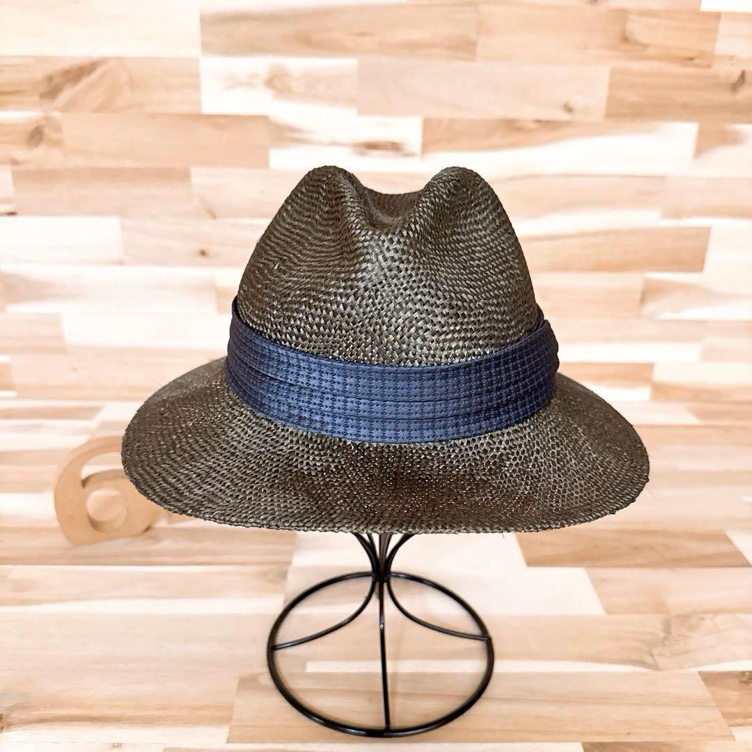オシャレ カシラ 天然草 中折れ ストローハット 麦わら帽子 カーキ×紺