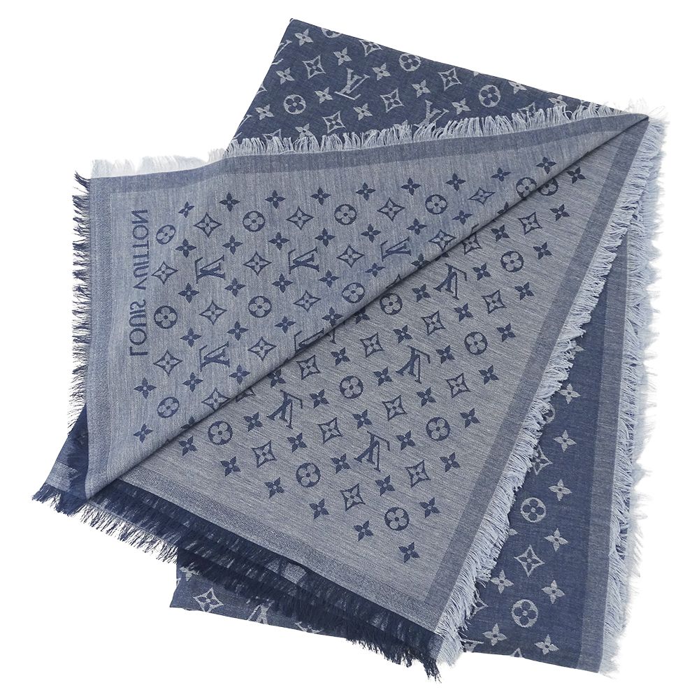 ルイ ヴィトン LOUIS VUITTON ストール メンズ ブランド コットン ストール モノグラム エッセンシャル ブルー M71618 青 フリンジ 大判 大きめ おしゃれ