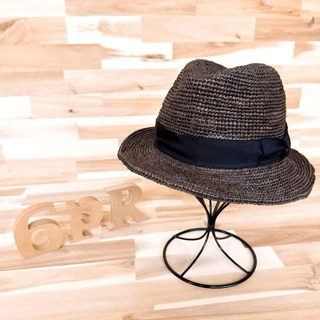 稀少 カシラ 天然草ラフィア 中折れハット 麦わら帽子ストローハット 茶