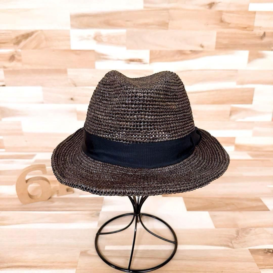 稀少 カシラ 天然草ラフィア 中折れハット 麦わら帽子ストローハット 茶