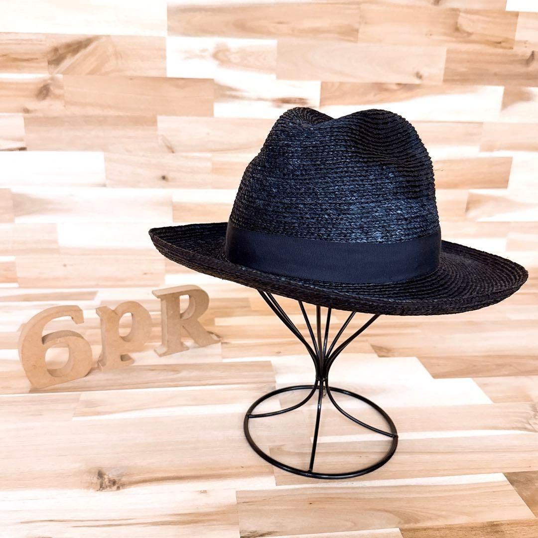 美品/高級【ヘレンカミンスキー】天然ラフィア100% 中折れハット 紺
