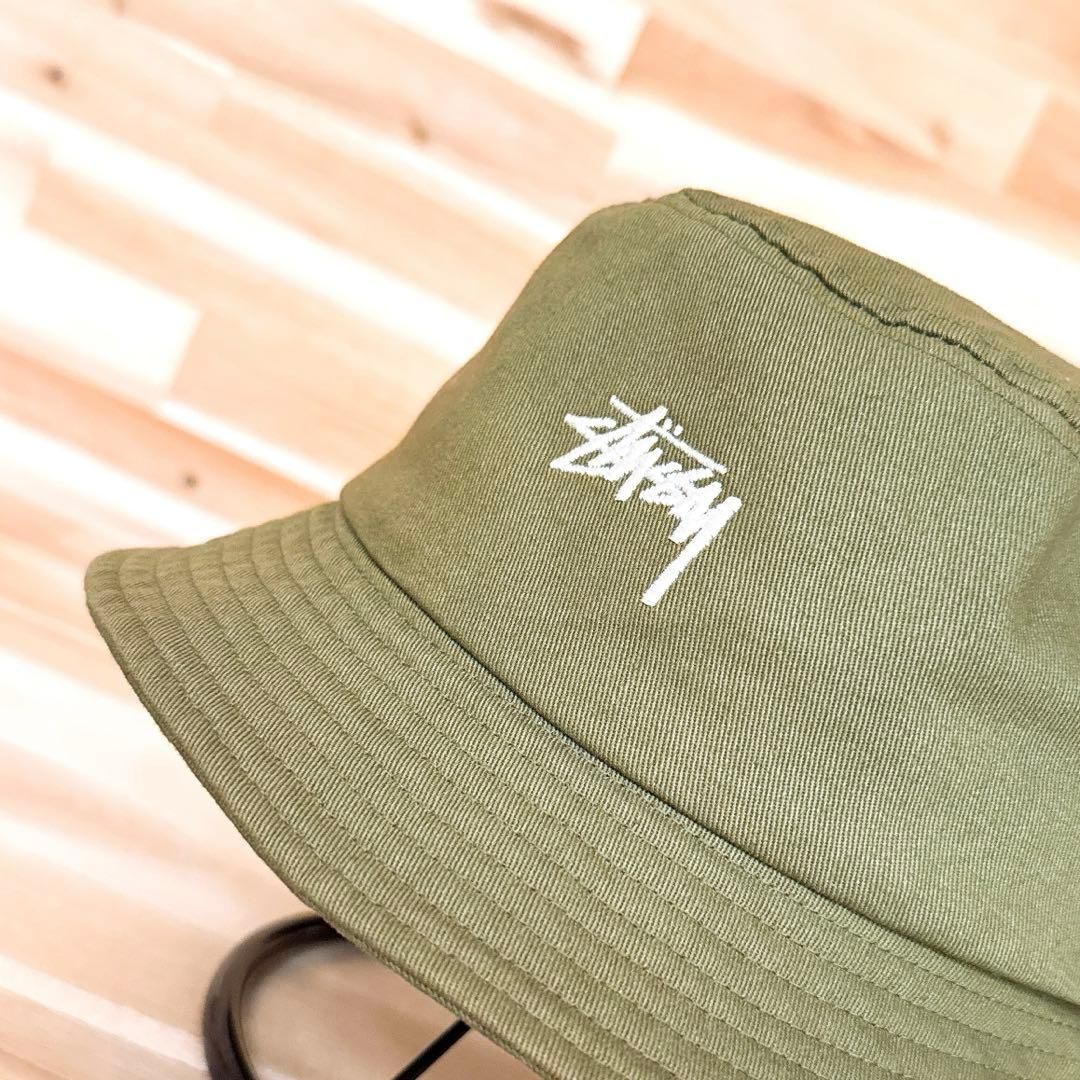 Stussy バケットハット L/XL オリーブ　カーキ 廃番【ステューシー】ホワイト サイン ロゴ バケットハット オリーブ