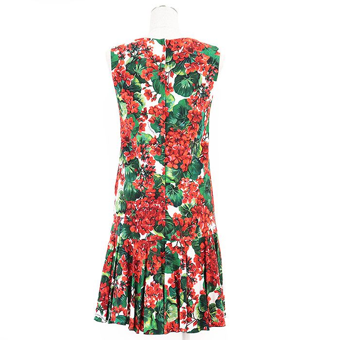  DOLCE GABBANA ドルチェアンドガッバーナ ノースリーブワンピース フラワー ボタニカル 花柄 ロゴ プリント ストレッチ マイクロクレープ ドレープ フ シルエット ドレス 属 レディース サイズ 36 白 赤 緑 イタリア製 その他 その他