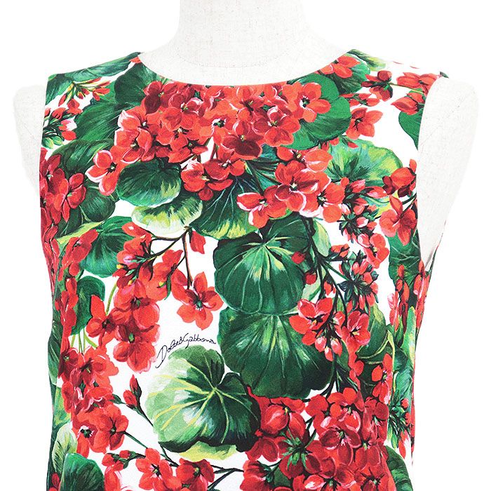 DOLCE-GABBANA ドルチェアンドガッバーナ ノースリーブワンピース フラワー ボタニカル 花柄 ロゴ プリント ストレッチ マイクロクレープ ドレープ フ シルエット ドレス 属 レディース サイズ 36 白 赤 緑 イタリア製