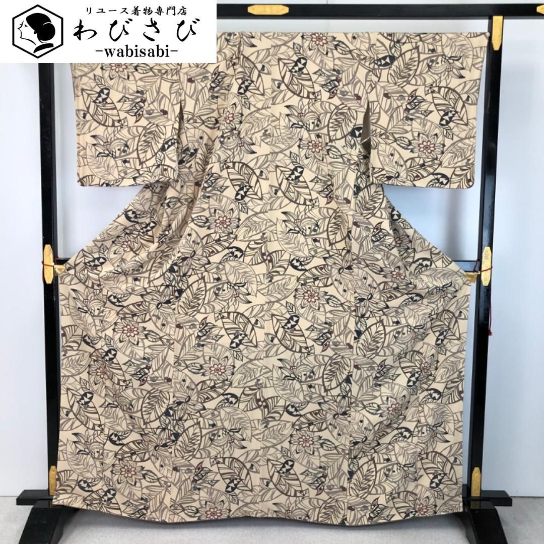 小紋 型染 花模様 桑色白茶 縮緬 トールサイズ K-5507