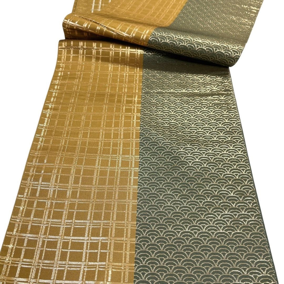 未着用 袋帯 粋遊山 菊花 藤の花 花紋 鱗模様 金糸 着物 113b p ms