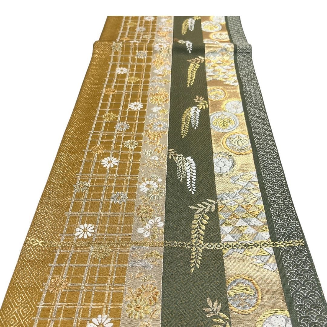 未着用 袋帯 粋遊山 菊花 藤の花 花紋 鱗模様 金糸 着物 113b p ms