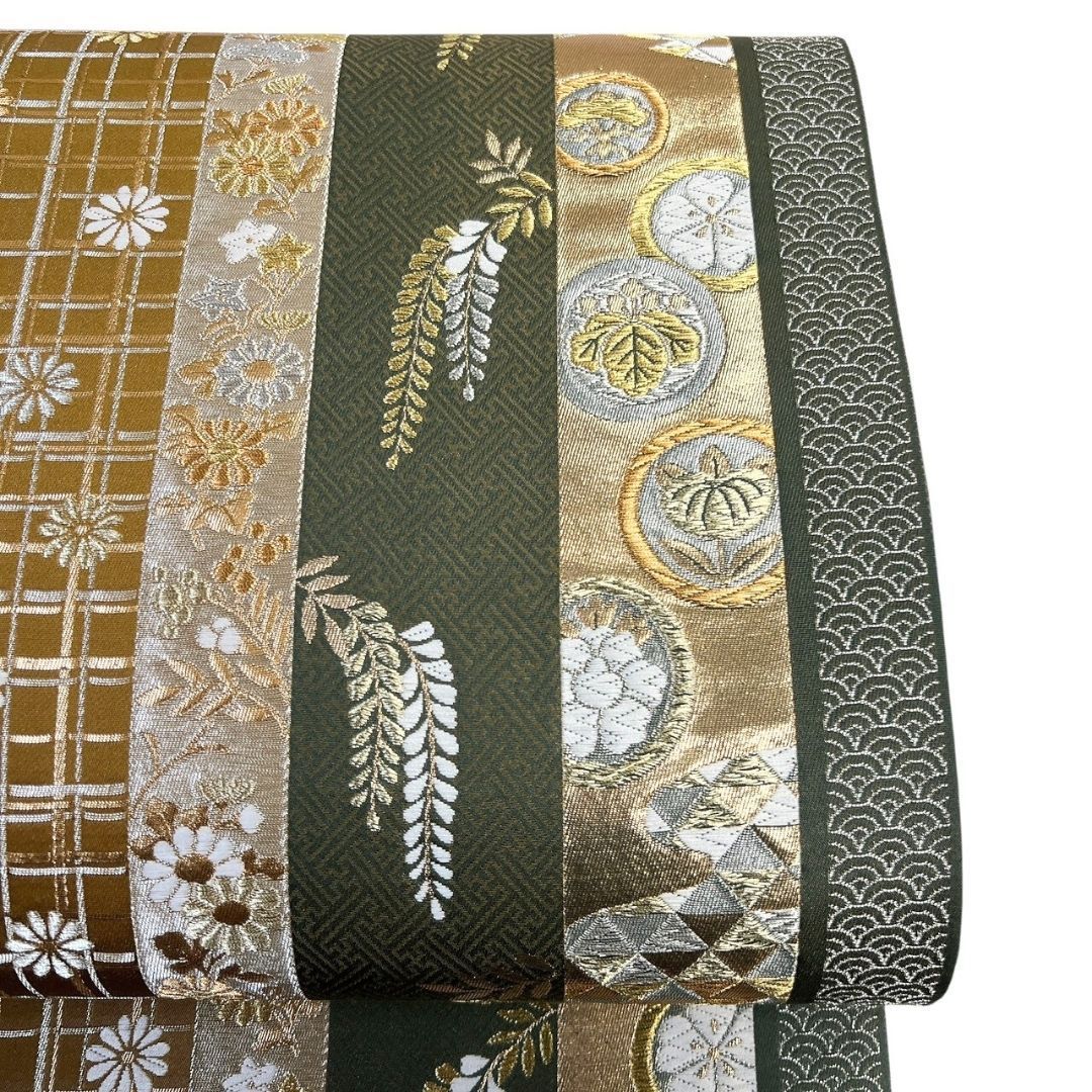 未着用 袋帯 粋遊山 菊花 藤の花 花紋 鱗模様 金糸 着物 113b p ms