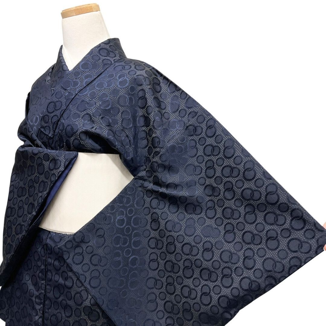 小紋 お召 ドット模様 円模様 ネイビー 着物 113 b p ms