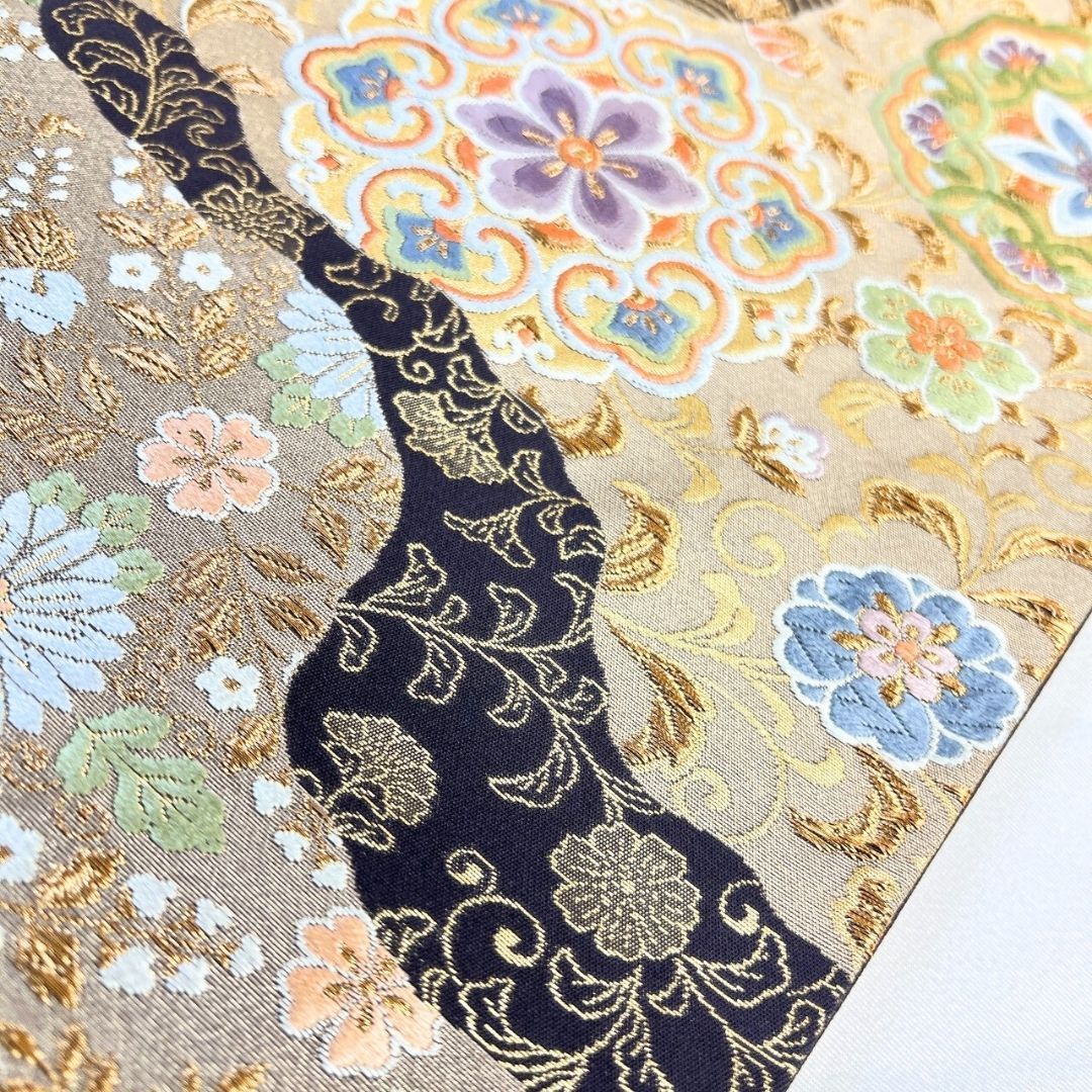 袋帯　明綴れ　金糸　華紋　花菱　唐花模様　青海波　着物　072a u 袋帯 明綴れ 金糸 華紋 花菱 唐花模様 青海波 着物 072a u