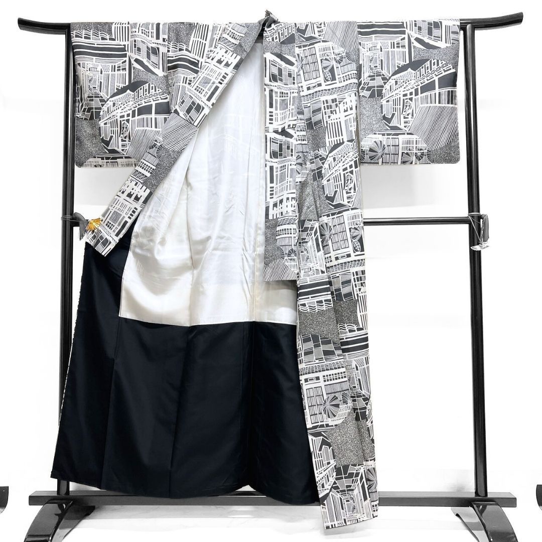  小紋 天然繭生紬 和楽 たたき染 風景模様 和傘 モノトーン 着物 113 b p ms 小紋 着物