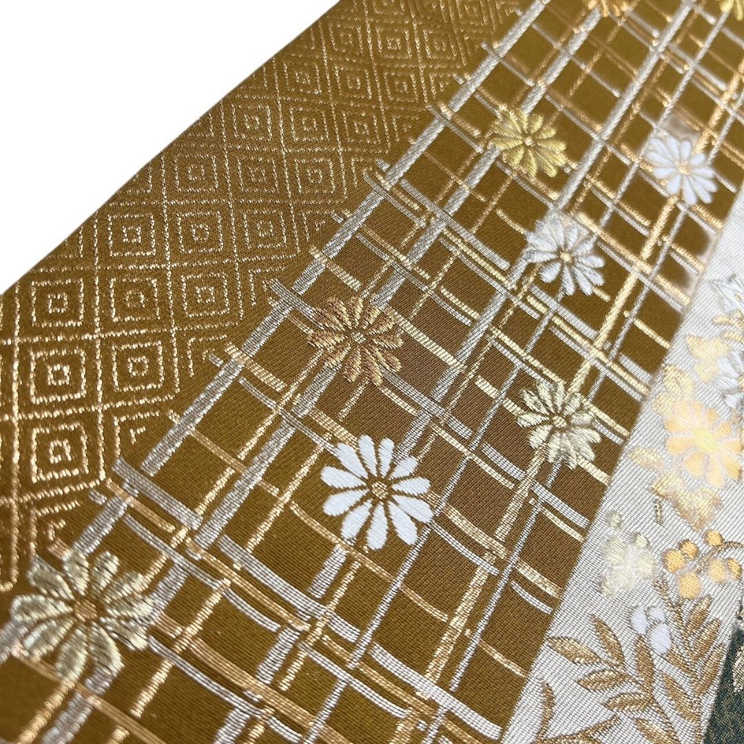 未着用 袋帯 粋遊山 菊花 藤の花 花紋 鱗模様 金糸 着物 113b p ms