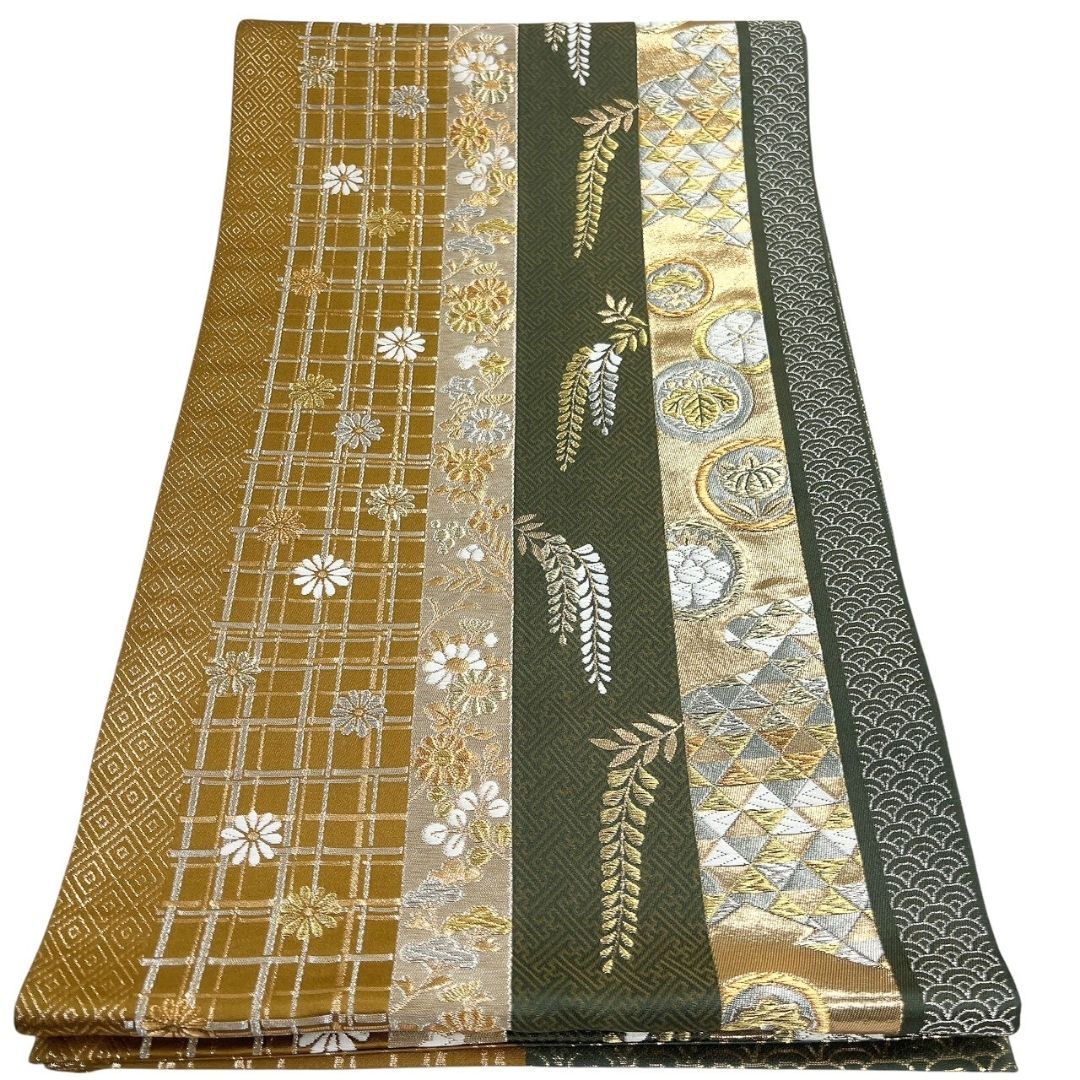 未着用 袋帯 粋遊山 菊花 藤の花 花紋 鱗模様 金糸 着物 113b p ms