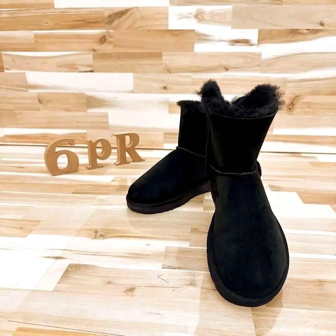 アグ レザー バック リボン ファー ボア ムートン ブーツ 24.0 黒