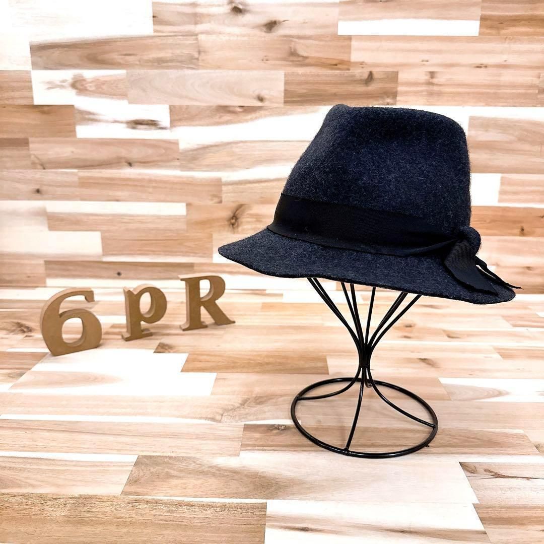 カシラ CA4LA リボン フェルト ハット ドット 水玉 グレー×黒ブラック