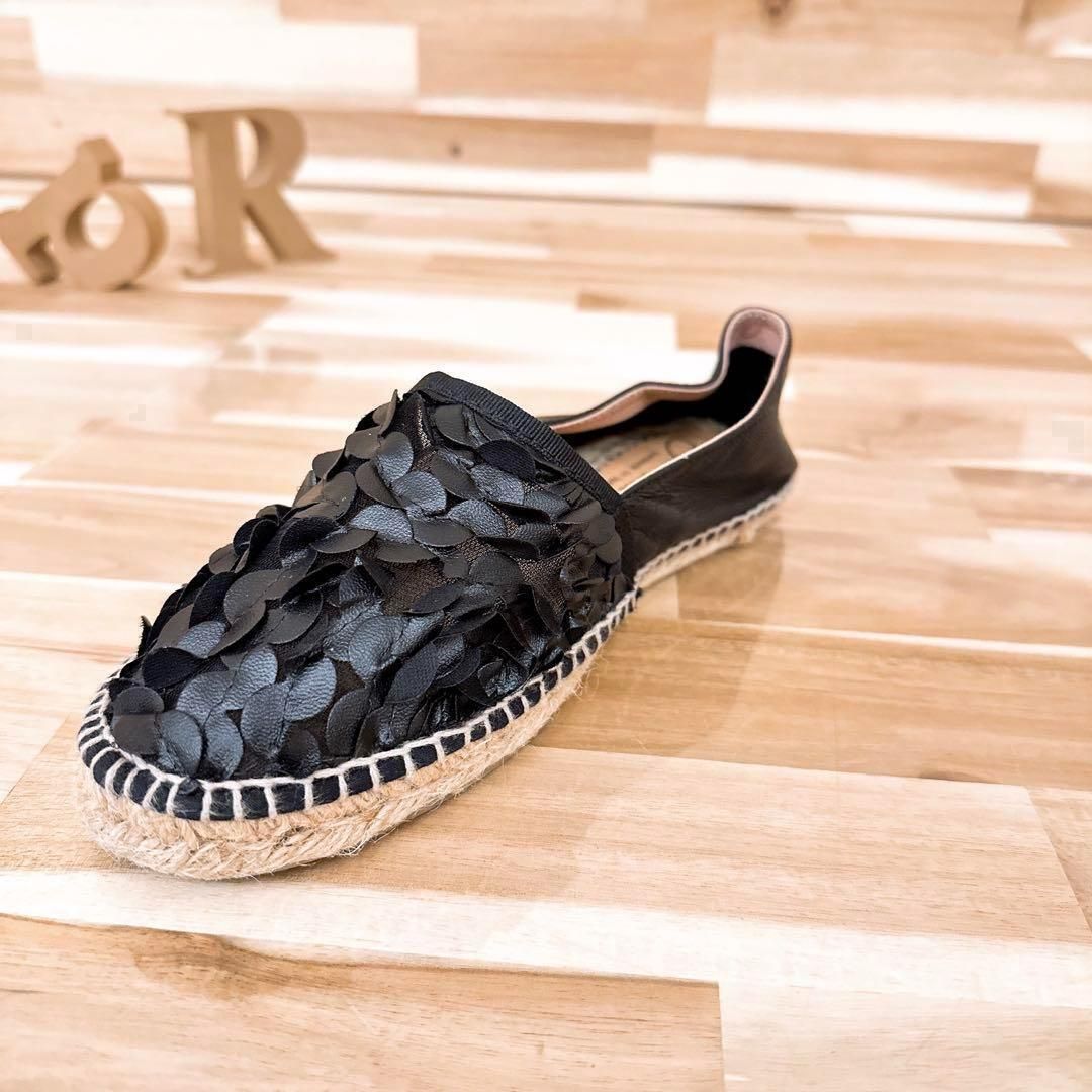 ガイモ メッシュ フラワー レザー エスパドリーユ 花柄 花 黒×ベージュ