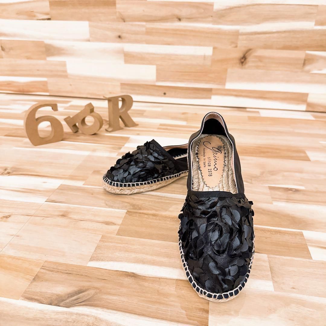  ガイモ メッシュ フラワー レザー エスパドリーユ 花柄 花 黒×ベージュ フラットシューズ バレエシューズ パンプス