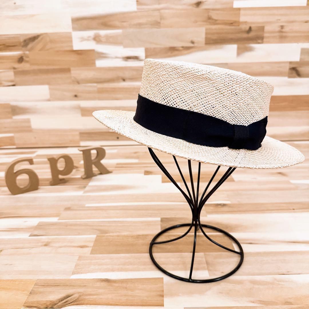 春夏 カシラ リボン カンカン帽 ストローハット M ベージュ 黒ブラック