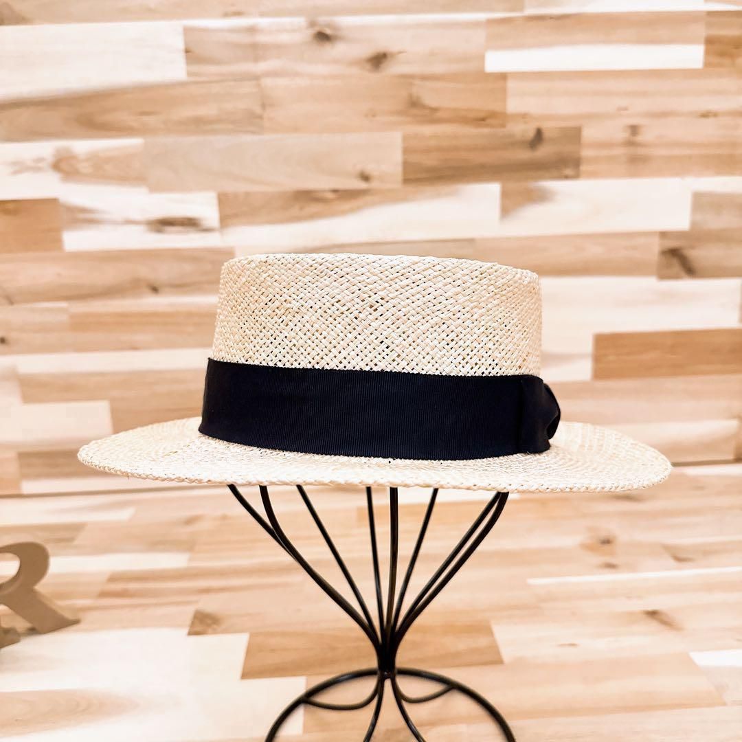 春夏 カシラ リボン カンカン帽 ストローハット M ベージュ×黒ブラック