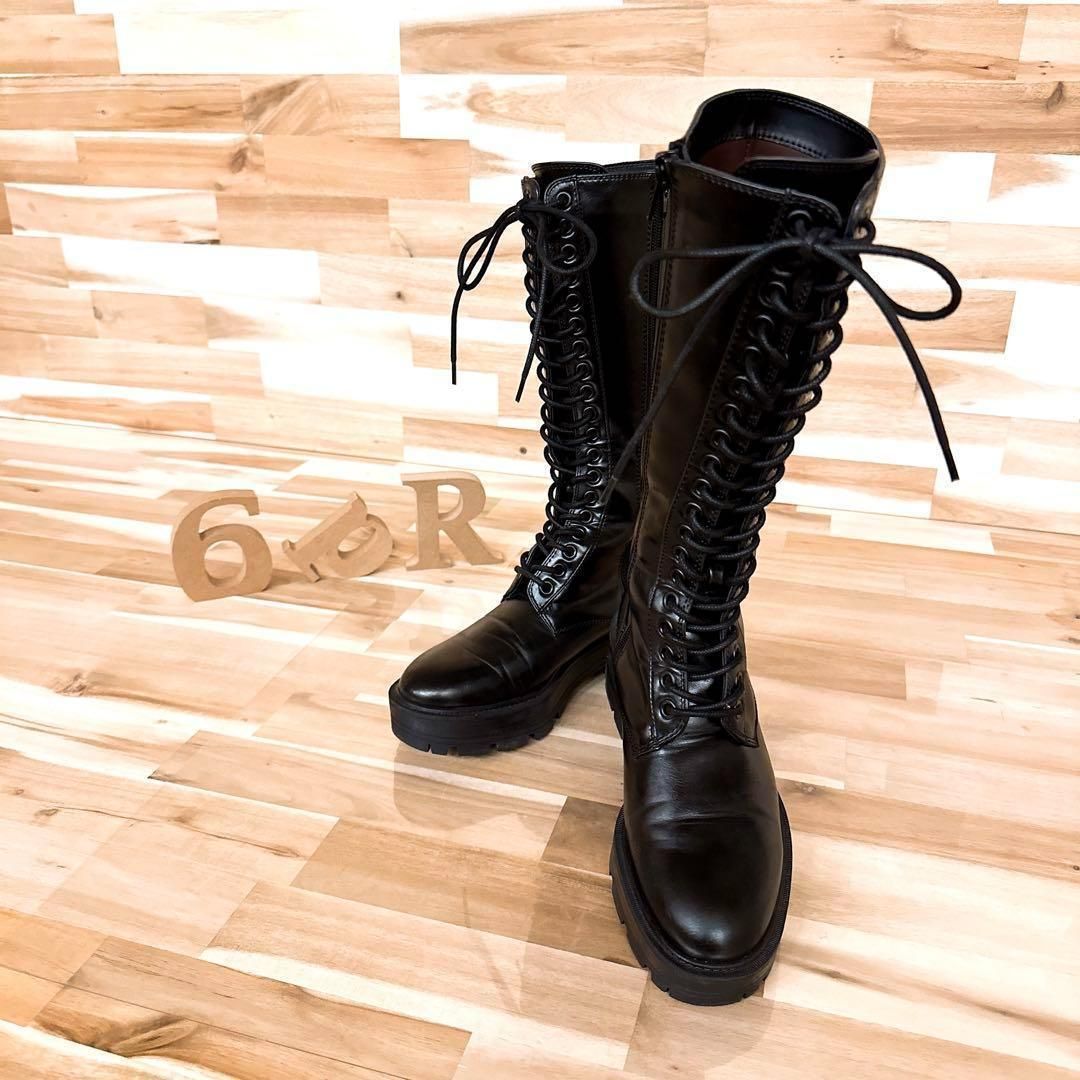 ザラ ブラック レザー レースアップ ロング ブーツ サイドジップ 黒 茶