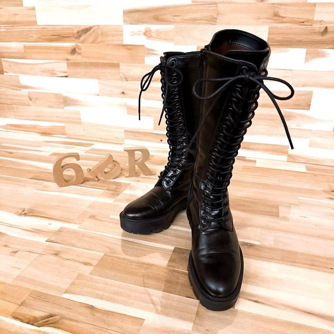 ザラ ブラック レザー レースアップ ロング ブーツ サイドジップ 黒×茶