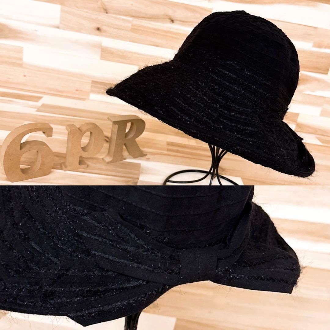 アンテプリマ スエード地 ラメ糸 リボン グログラン ブレード ハット 黒ブラック