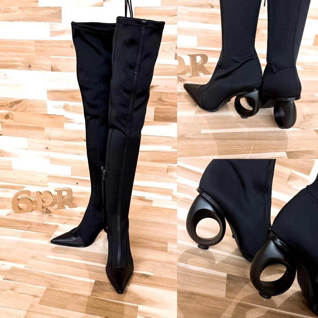 イエローブーツ アート ニーハイ ロング ブーツ サークル ヒール美脚 黒ブラック