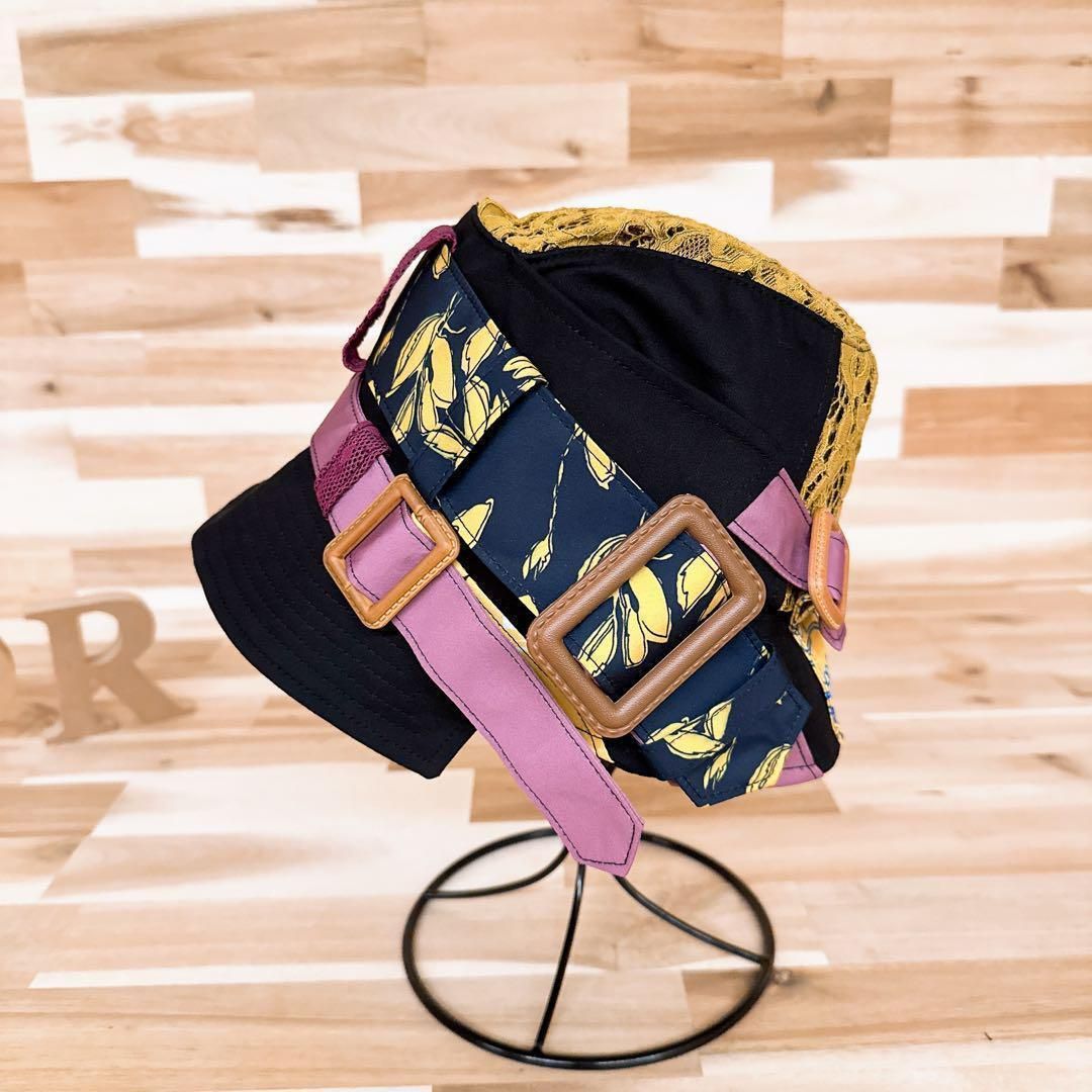 カシラ フラワー レース ドッキング ベルト アート ハット 黒×黄土色