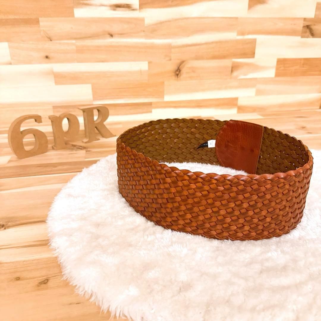 アンボワーズ】AMBOISE 本革 レザー メッシュ編み ワイド ベルト茶×金