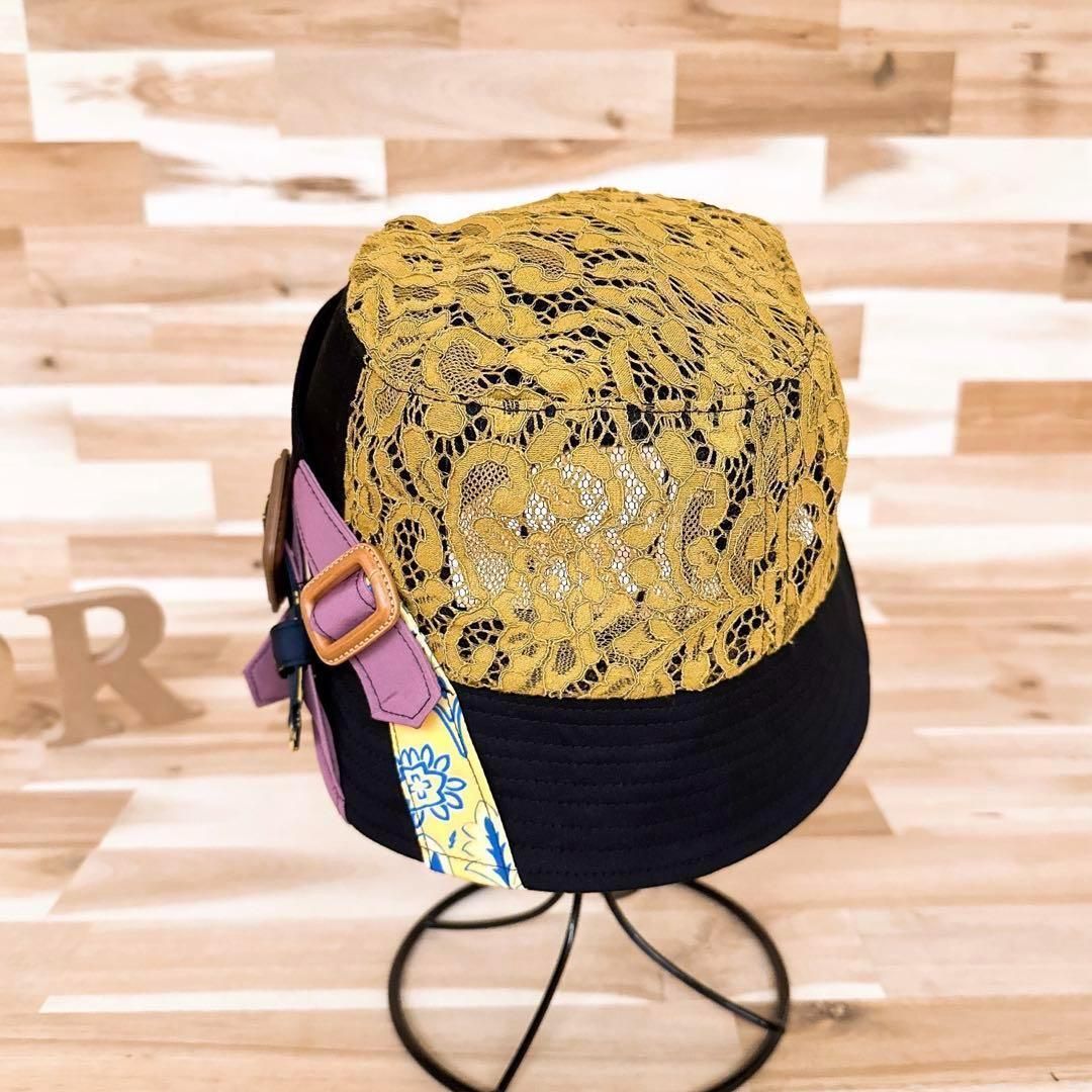  カシラ フラワー レース ドッキング ベルト アート ハット 黒×黄土色 バケットハット ハット