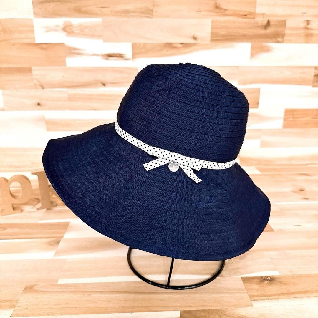 ランバン ドット リボン メタル ロゴ ハット ツバ広 ゴルフ 紺ネイビー×白