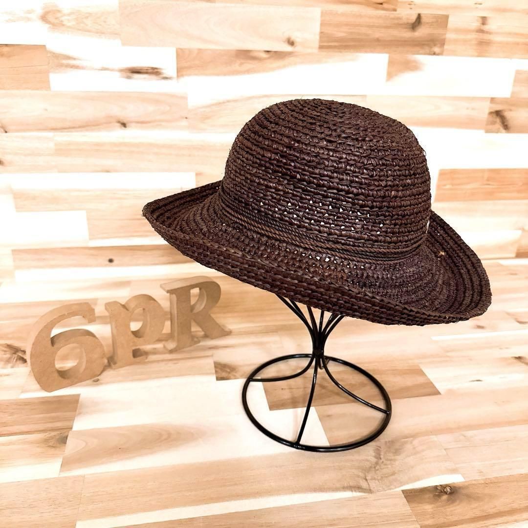 ヘレンカミンスキー ラフィア ハット マダガスカル製ダークブラウン茶