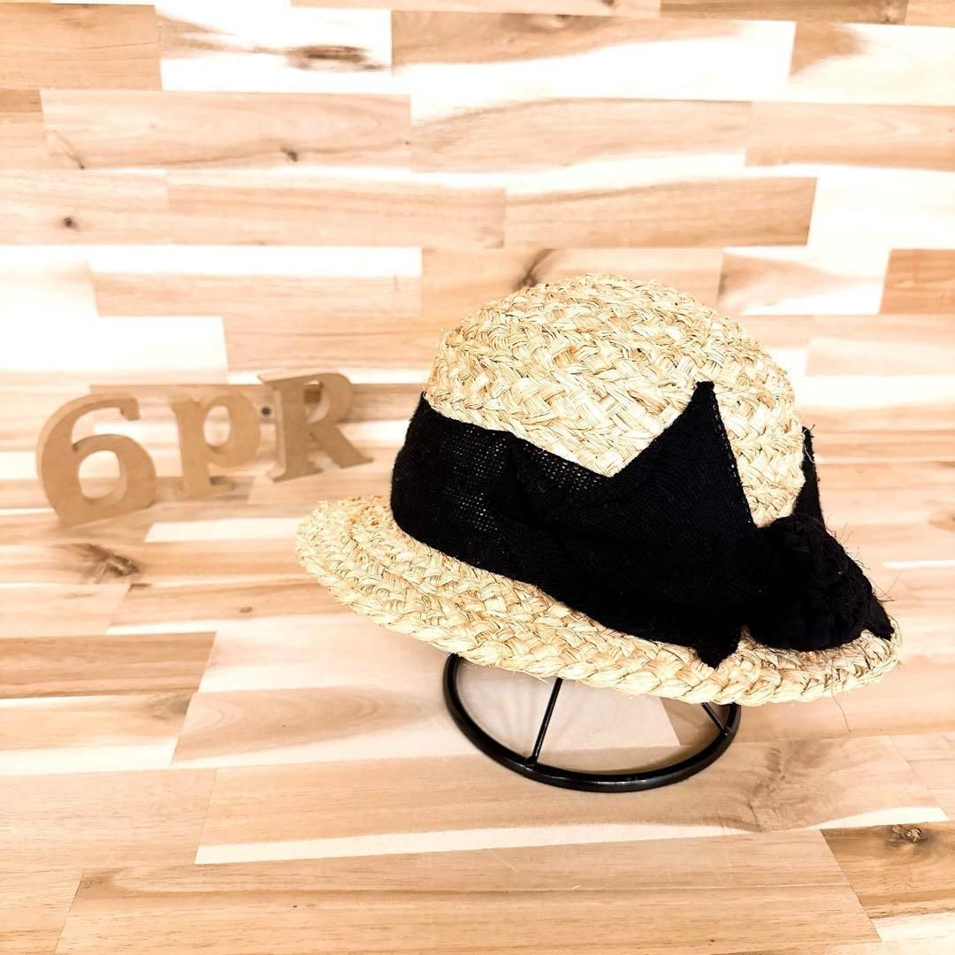 カシラ ラフィア ボーラー ハット リボン ベージュ×黒ブラック