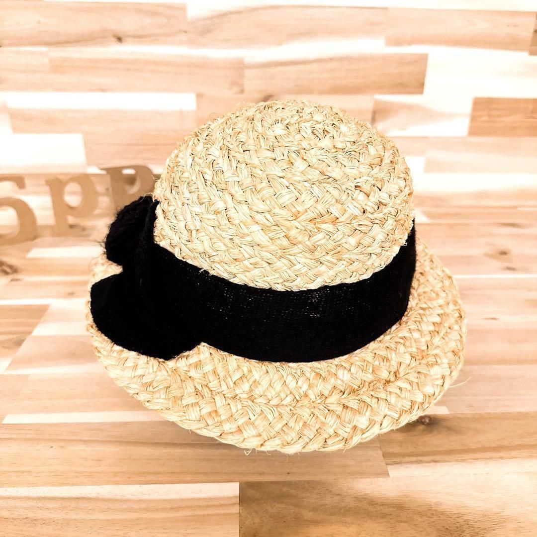 カシラ】天然素材 ラフィア100% ボーラー ハット リボン ベージュ×黒