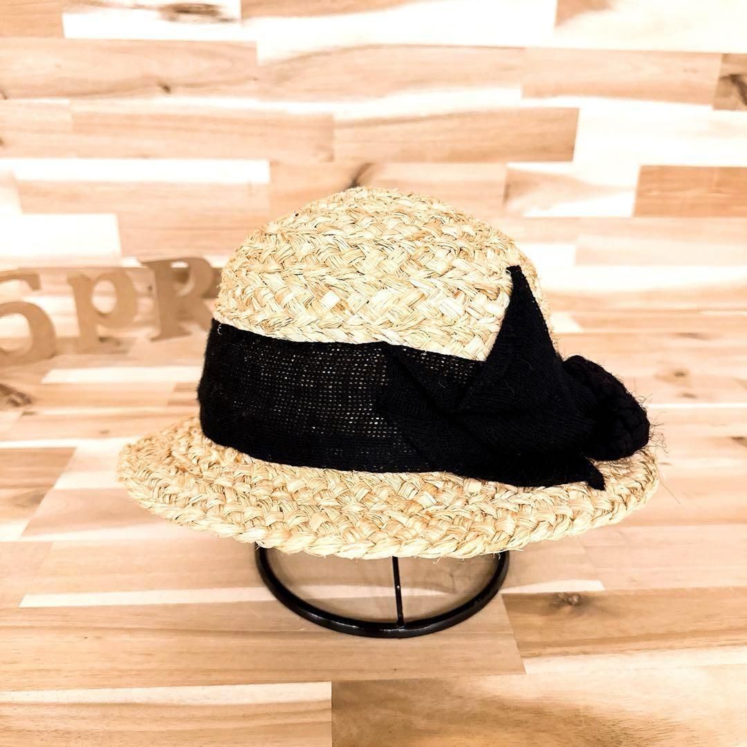 カシラ ラフィア ボーラー ハット リボン ベージュ×黒ブラック