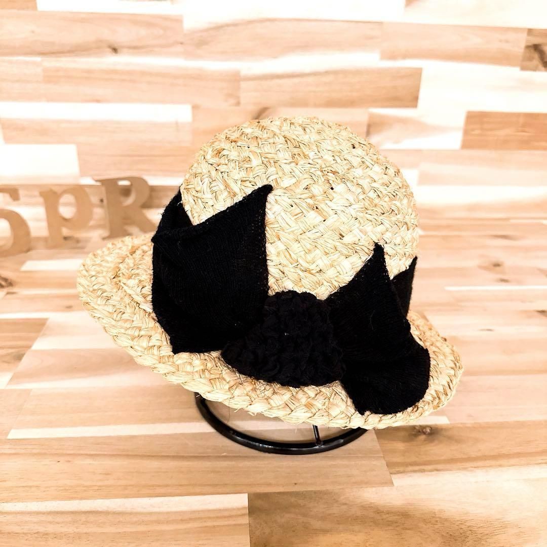  カシラ ラフィア ボーラー ハット リボン ベージュ×黒ブラック 麦わら帽子 帽子