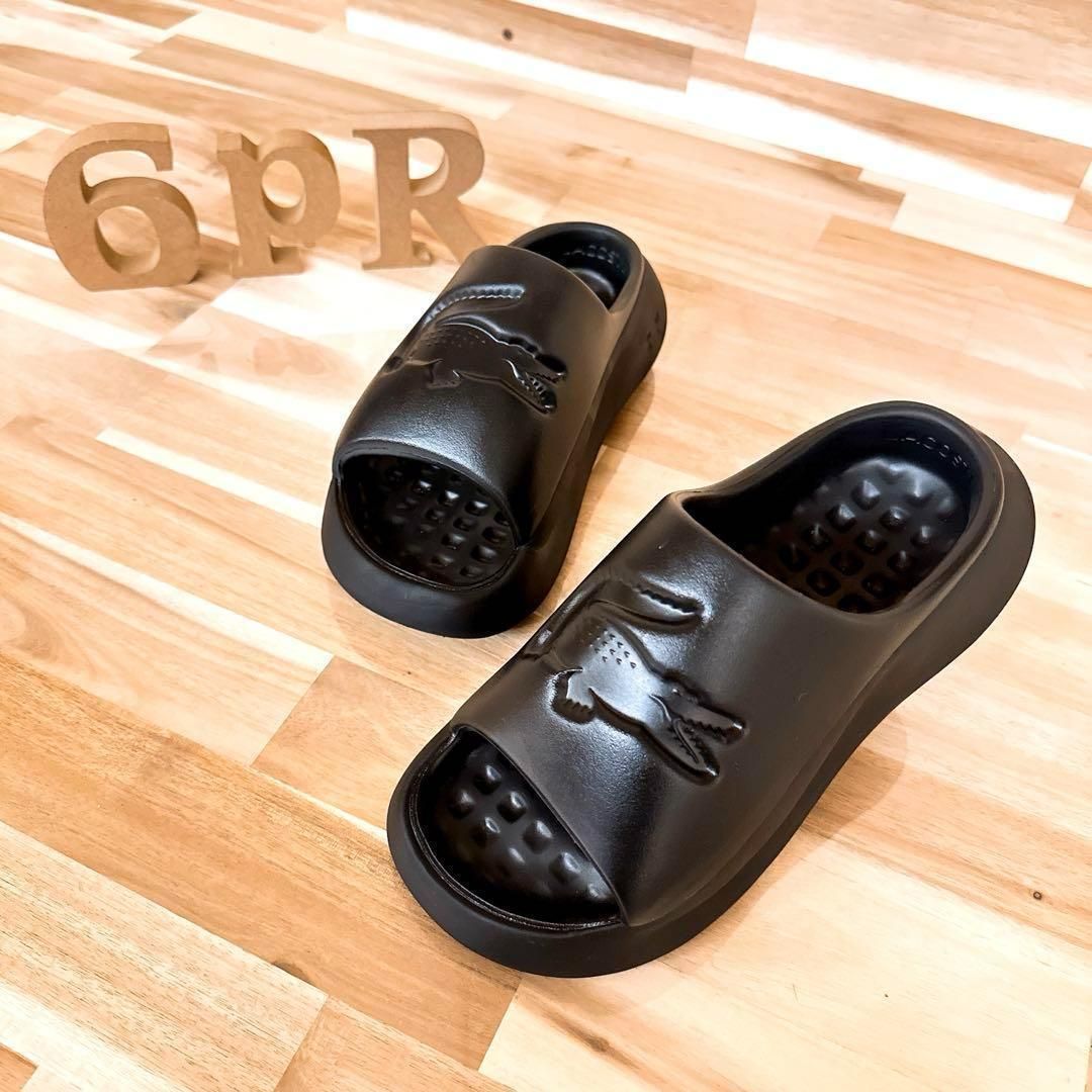 ラコステ ボリューム 厚底シャワー サンダル エンボス ビッグロゴ 24 0黒ブラック