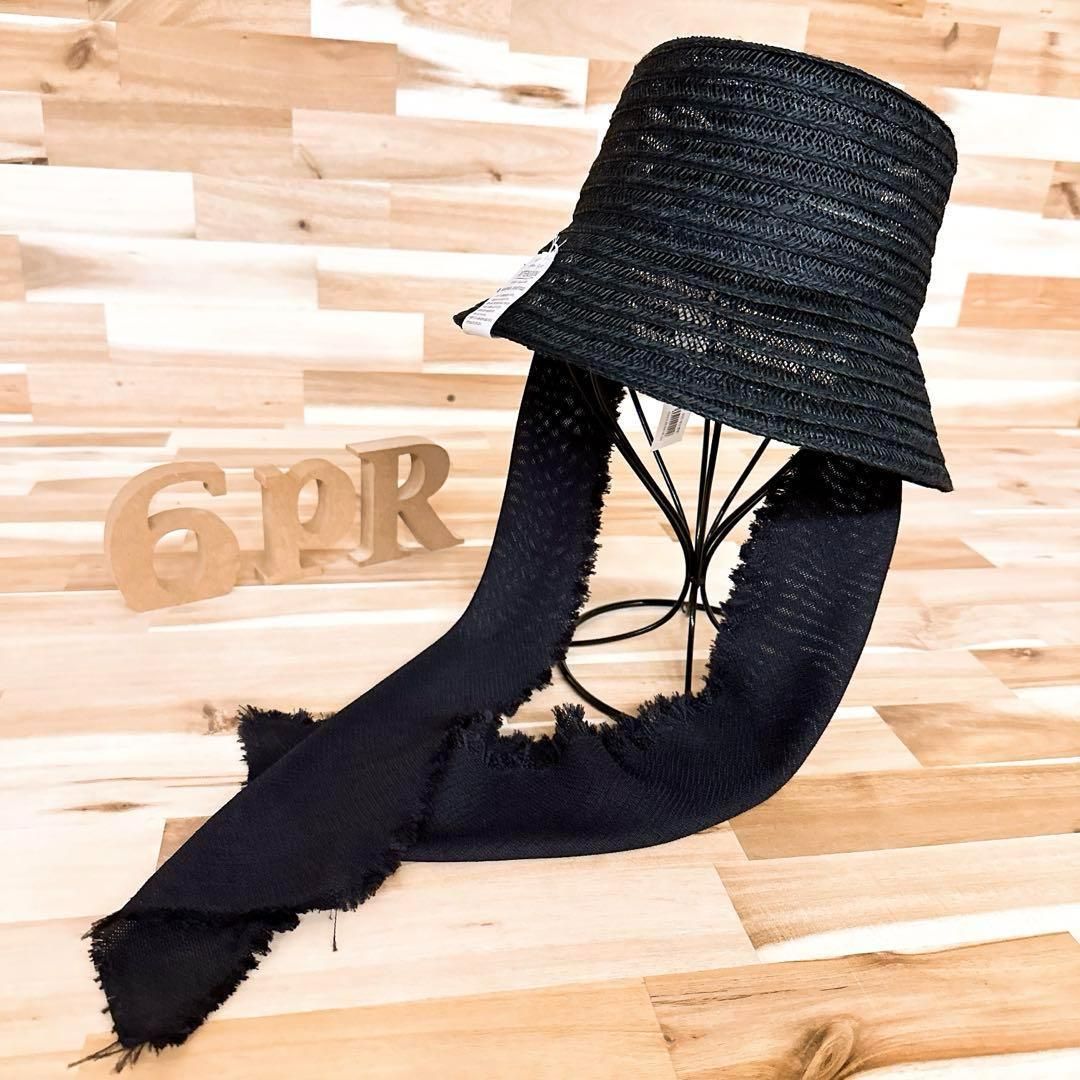 メゾンドリリス 天然マニラ クロッシェ ハット スカーフ付き 黒ブラック