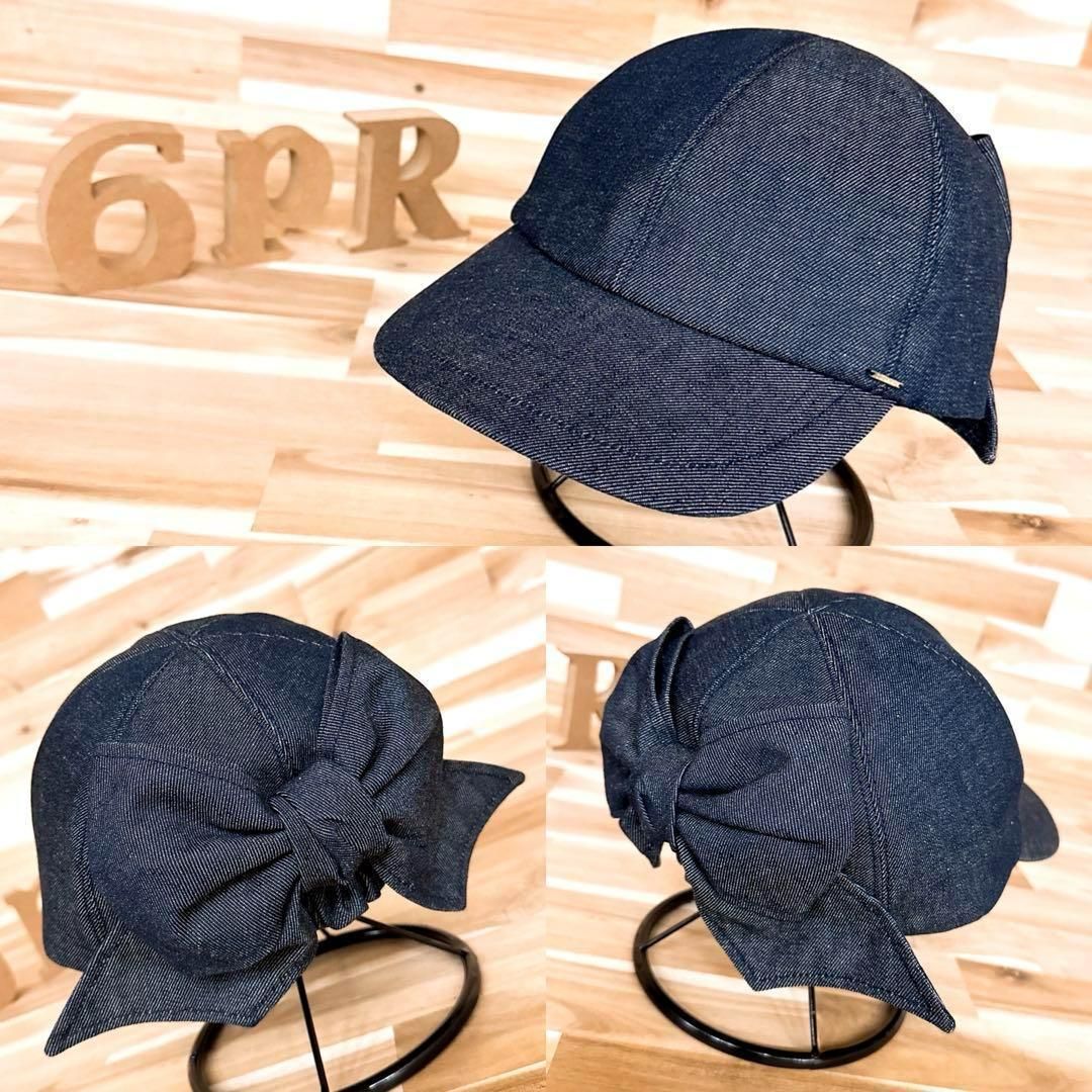  カシラ バック ビッグ リボン デニム キャップ コットン紺ネイビー ベースボールキャップ キャップ