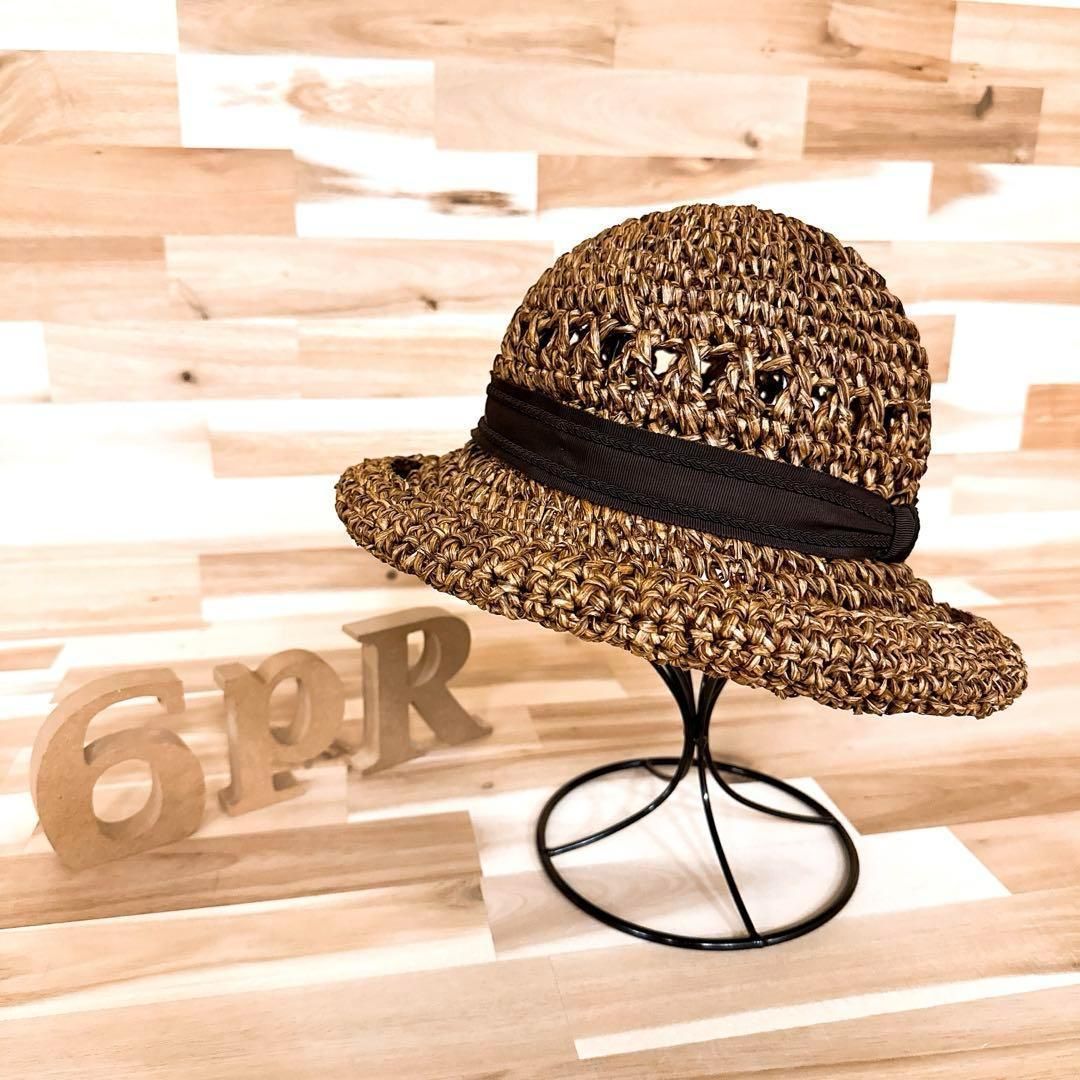 カシラ ロールアップ バイザー リボン 編み込み ペーパーハット 茶ブラウン