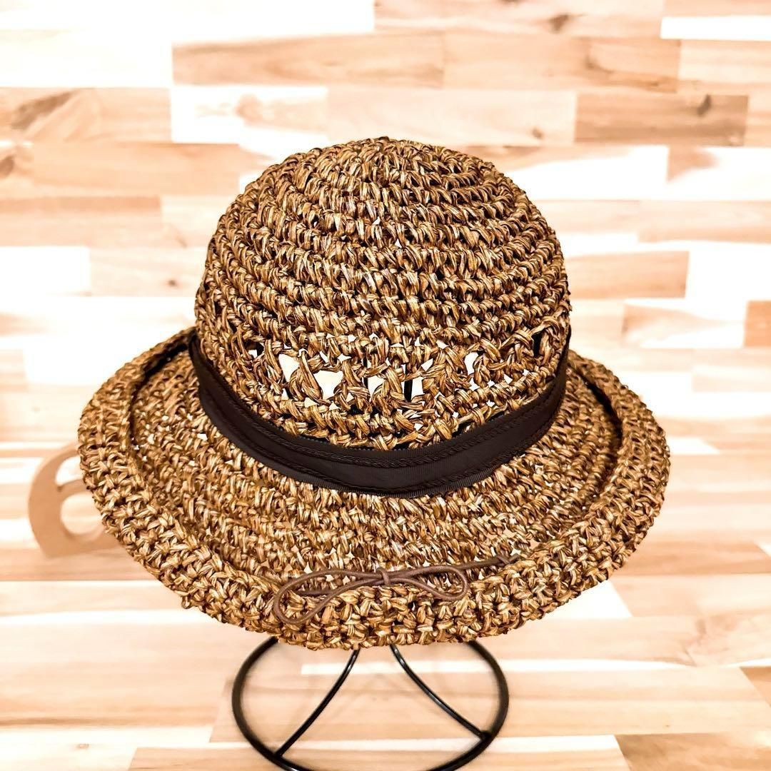  カシラ ロールアップ バイザー リボン 編み込み ペーパーハット 茶ブラウン 麦わら帽子 帽子
