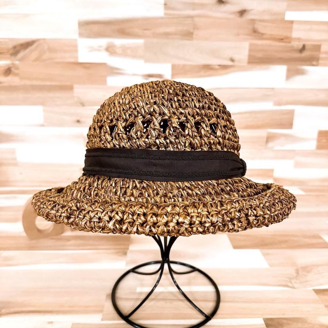 カシラ ロールアップ バイザー リボン 編み込み ペーパーハット 茶ブラウン