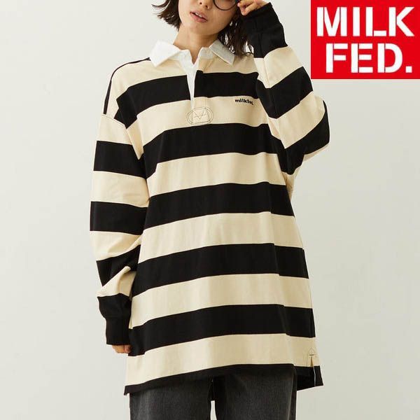 ミルクフェド MILKFED STRIPED RUGBY SHIRT 103254013004 レディース トップス ボーダー 黒 ブラック milkfed おしゃれ ブランド ラグビーシャツ 長袖 カットソー シャツ 白黒 ストライプ ロング