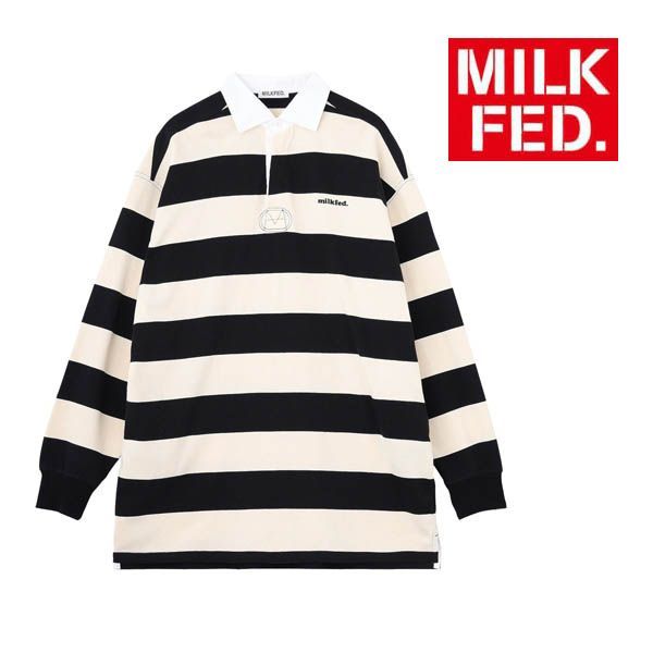 ミルクフェド MILKFED STRIPED RUGBY SHIRT 103254013004 レディース トップス ボーダー 黒 ブラック milkfed おしゃれ ブランド ラグビーシャツ 長袖 カットソー シャツ 白黒 ストライプ ロング