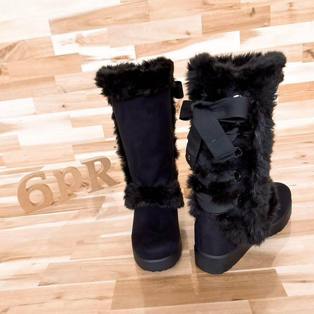 ランバン バック 編み込み リボン インヒール ファー ロング ブーツ 黒