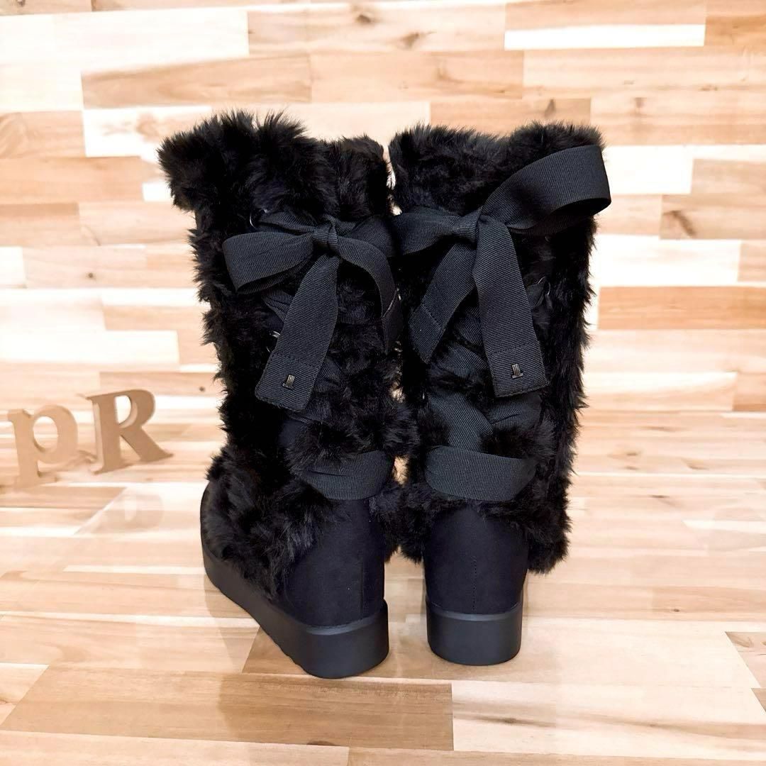 ランバン バック 編み込み リボン インヒール ファー ロング ブーツ 黒